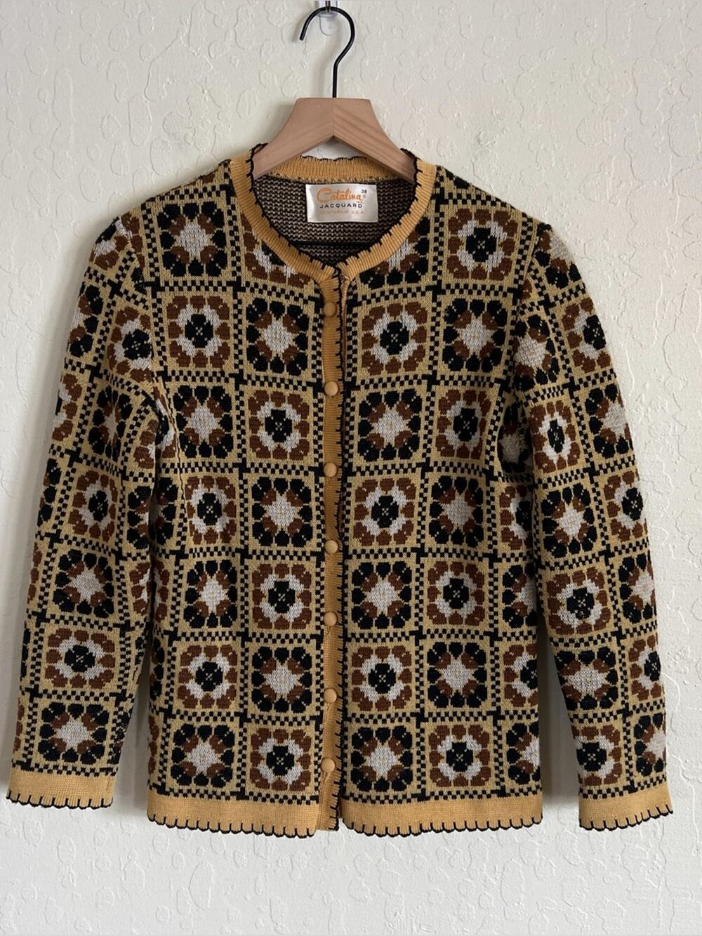 Vintage 70s Catalina Jacquard Knit Cardigan Sweater Medium Floral Granny Square